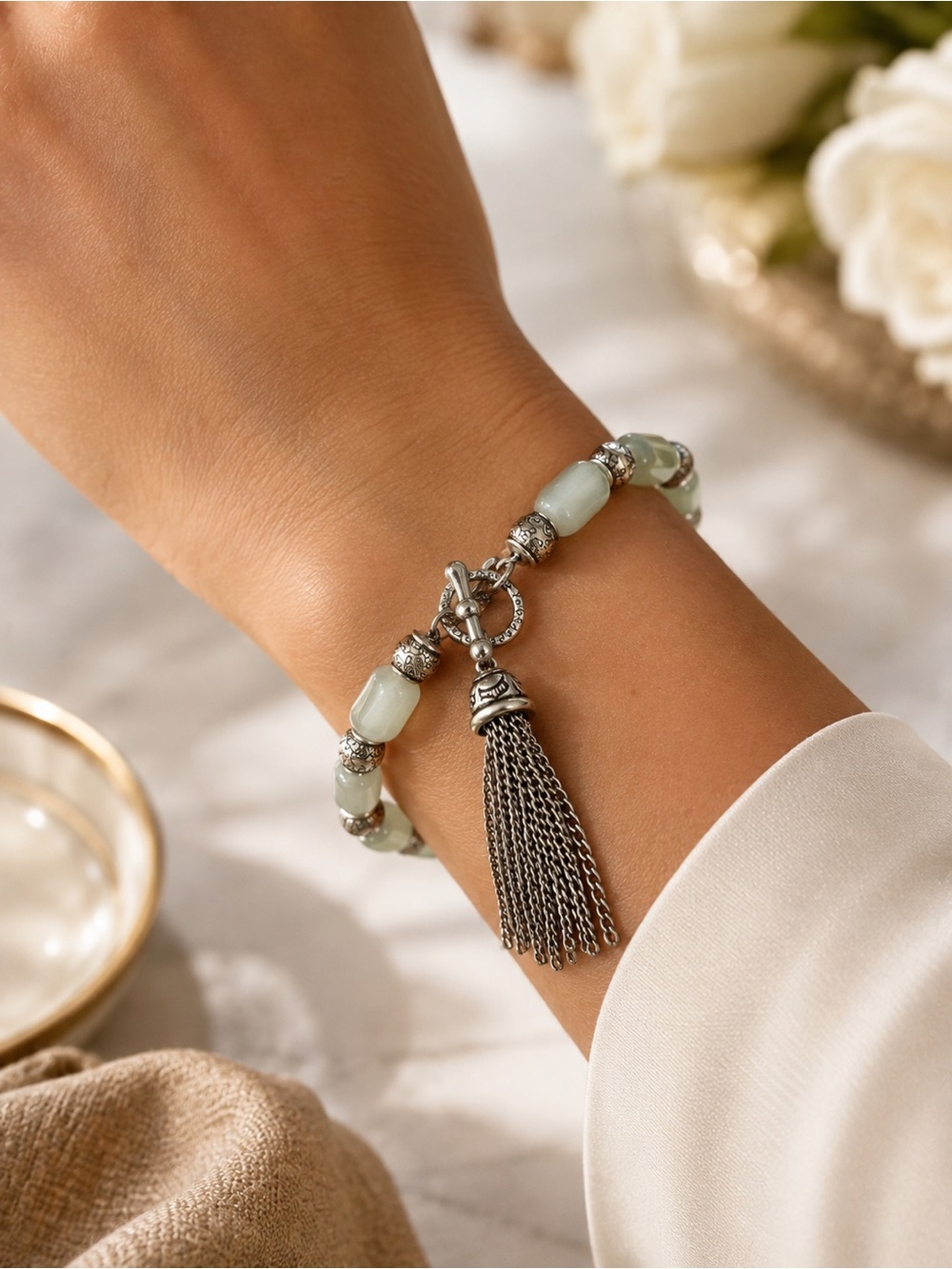 Brighton Retired Jade Beaded Toggle Closure Bracelet SilverTassel Size 7-8”
